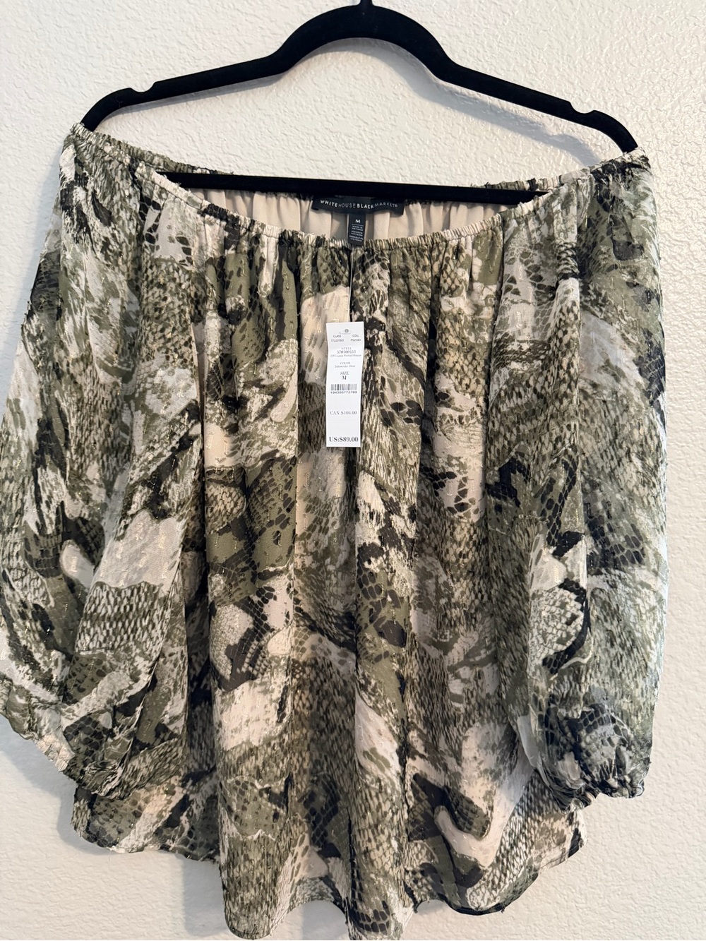 White House Black Market Olive Green Snake Print Off-Shoulder Blouse